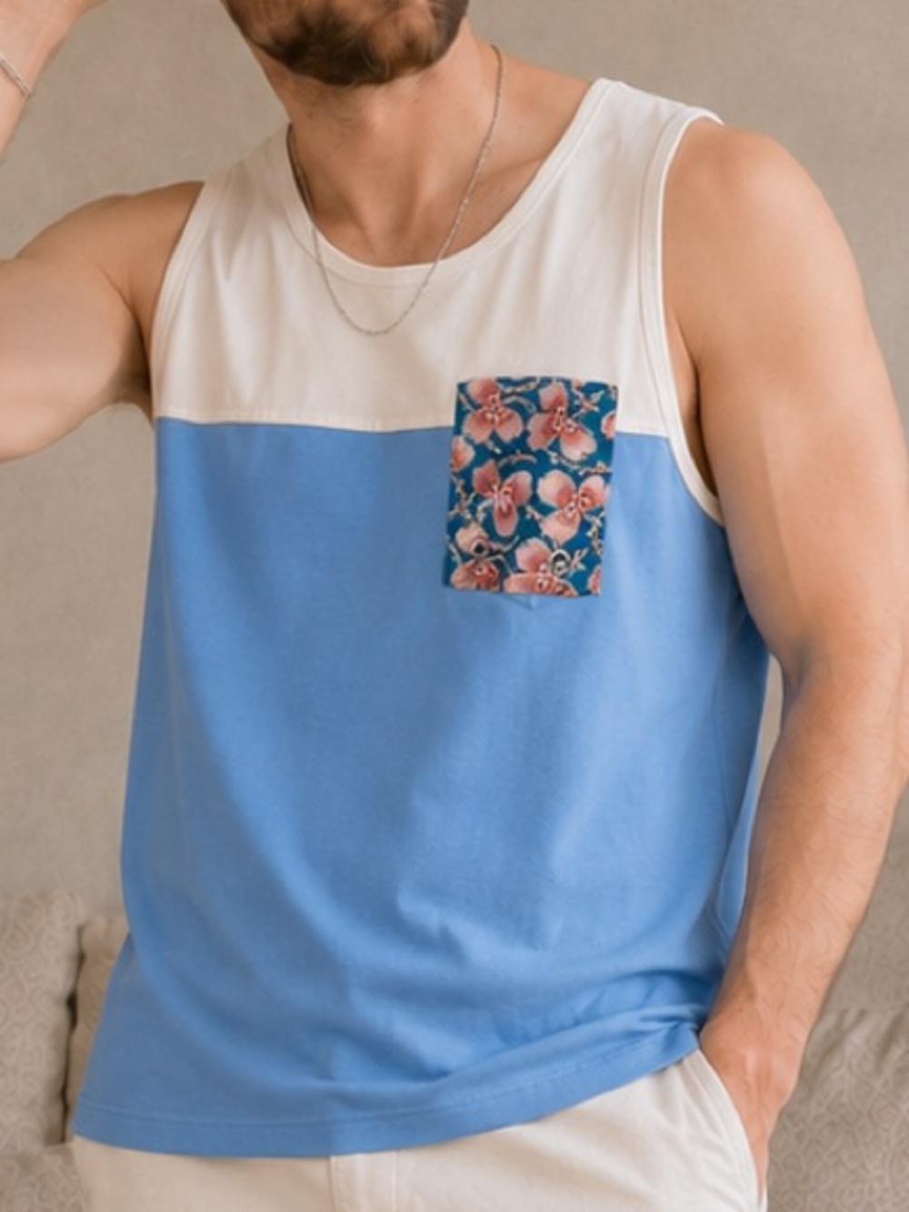 Parke & Ronen Colorblock Butterfly Pocket Tank Top Blue‎ White Men's Small Beach